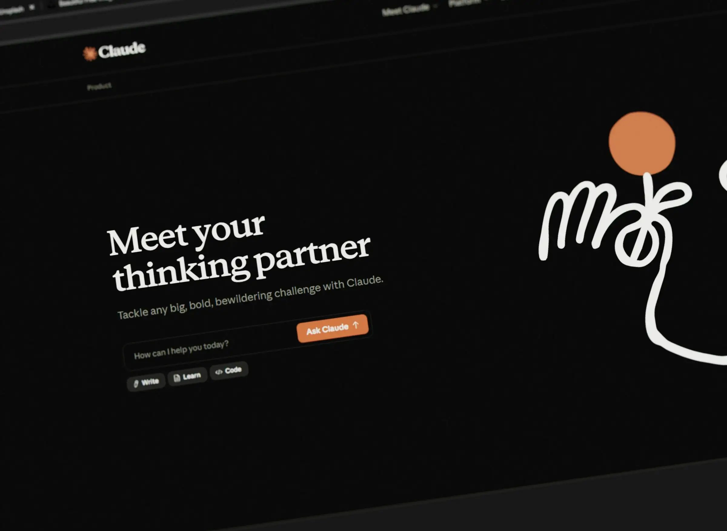 Bildschirm mit der Startseite von Claude: „Meet your thinking partner“