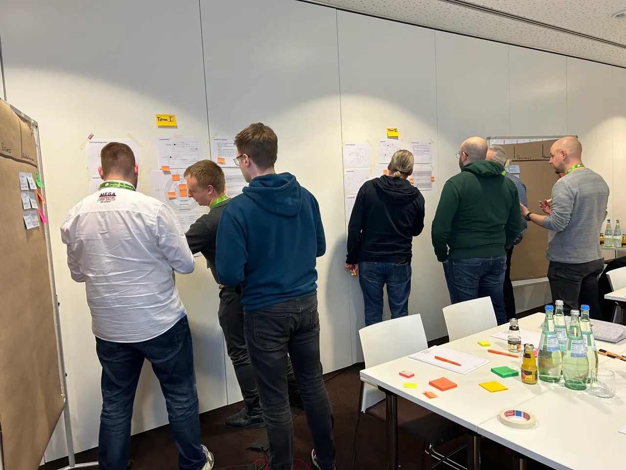 Team begutachtet gemeinsam erstellte Mapping-Boards mit strukturierten Komponenten