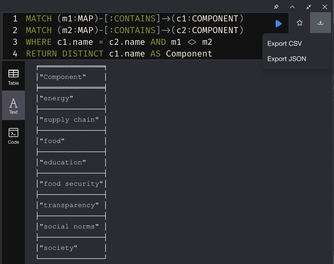 Lists from the Neo4J browser can be exported to JSON and CSV